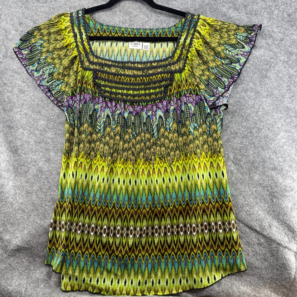 Cato Blouse Womens‎ 18/20W Green Peacock Boho Crochet Trim Flutter Sleeve Top